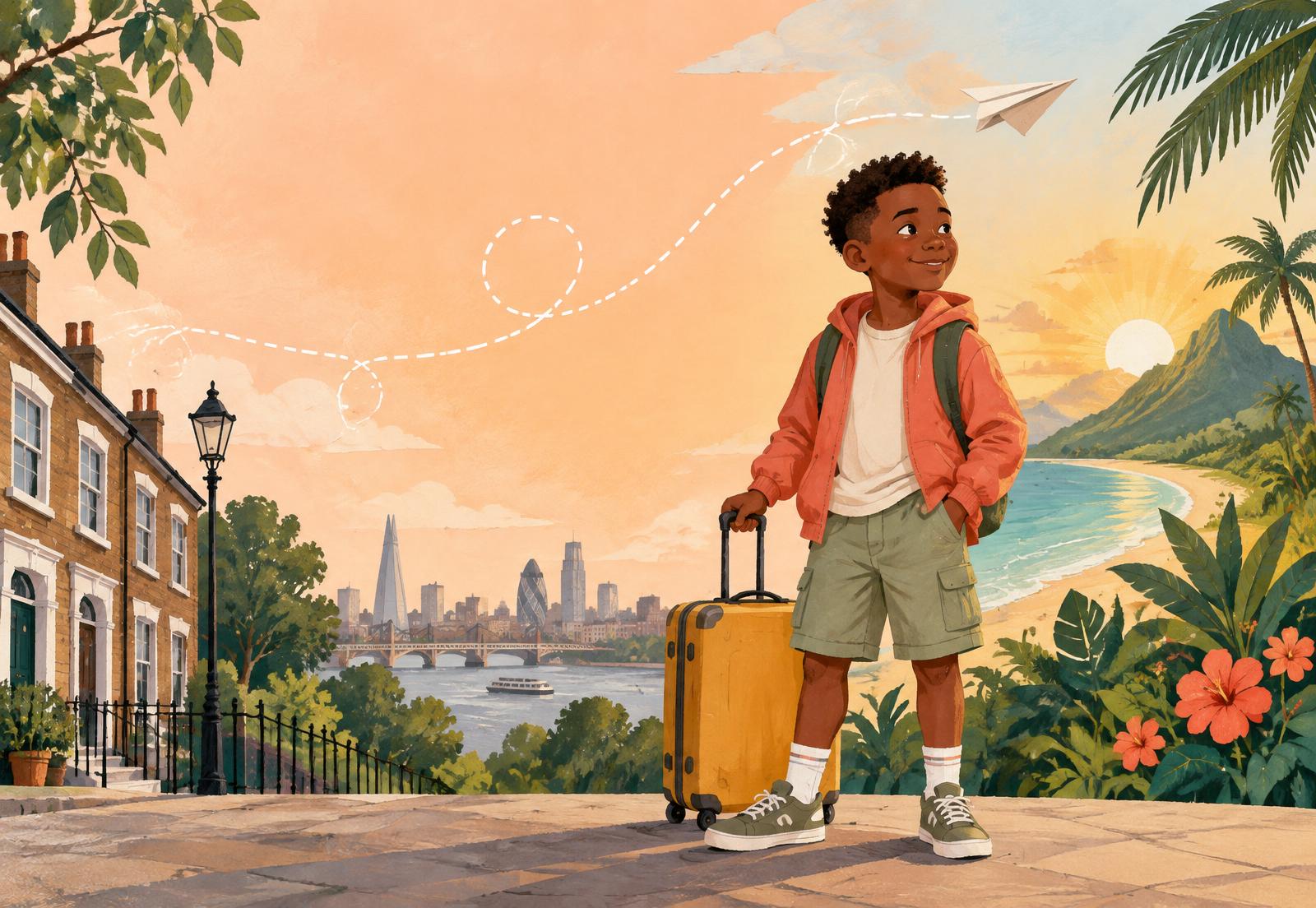Tobi with his yellow suitcase between Hackney streets and a tropical island